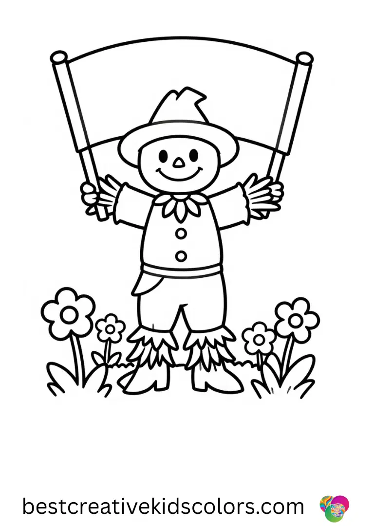 A scarecrow lifting a patchwork banner in a breezy garden appears in Summer scene coloring page free download.