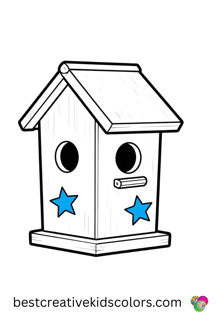 A child painting blue stars onto a wooden birdhouse appears in Summer scene coloring page free.