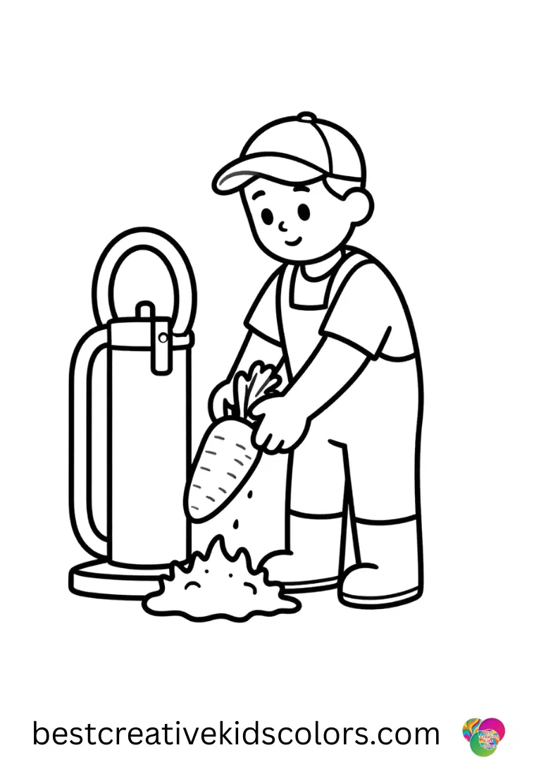 A farmer rinsing muddy carrots beneath a hand pump appears in Summer scene coloring page pdf.