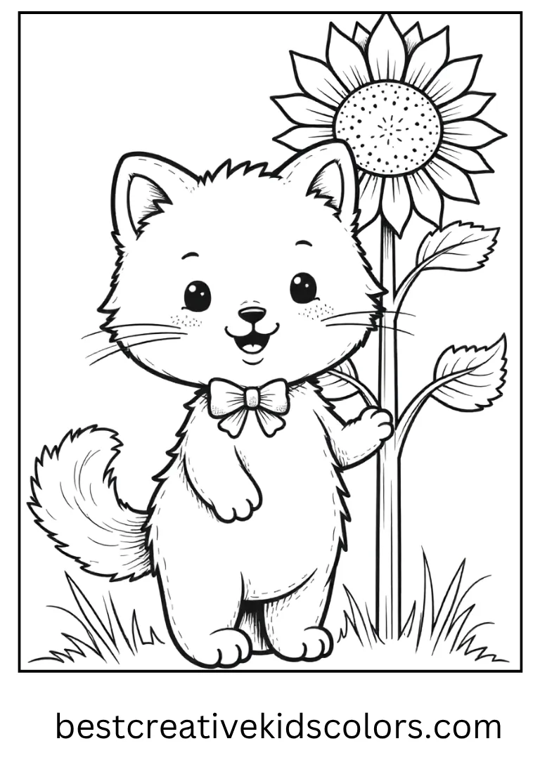 Kitty stands in front of a tall sunflower, smiling with a bright bow.