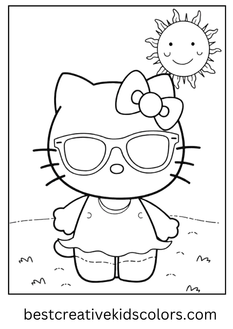 Sunny Sunglasses Hello Kitty Seasonal Coloring Page She poses in cool shades with a big smiling sun in the sky.