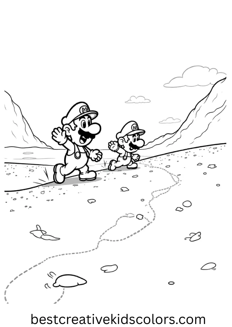 Heroes trace gentle shapes in drifting sand while chatting quietly in the warm breeze of Super Mario coloring pages PDF