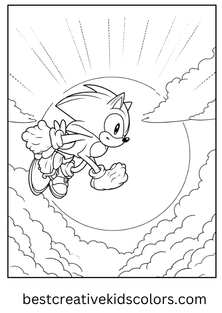 Super Sonic glides through floating islands above a sunset, weaving between clouds and beams of golden light.