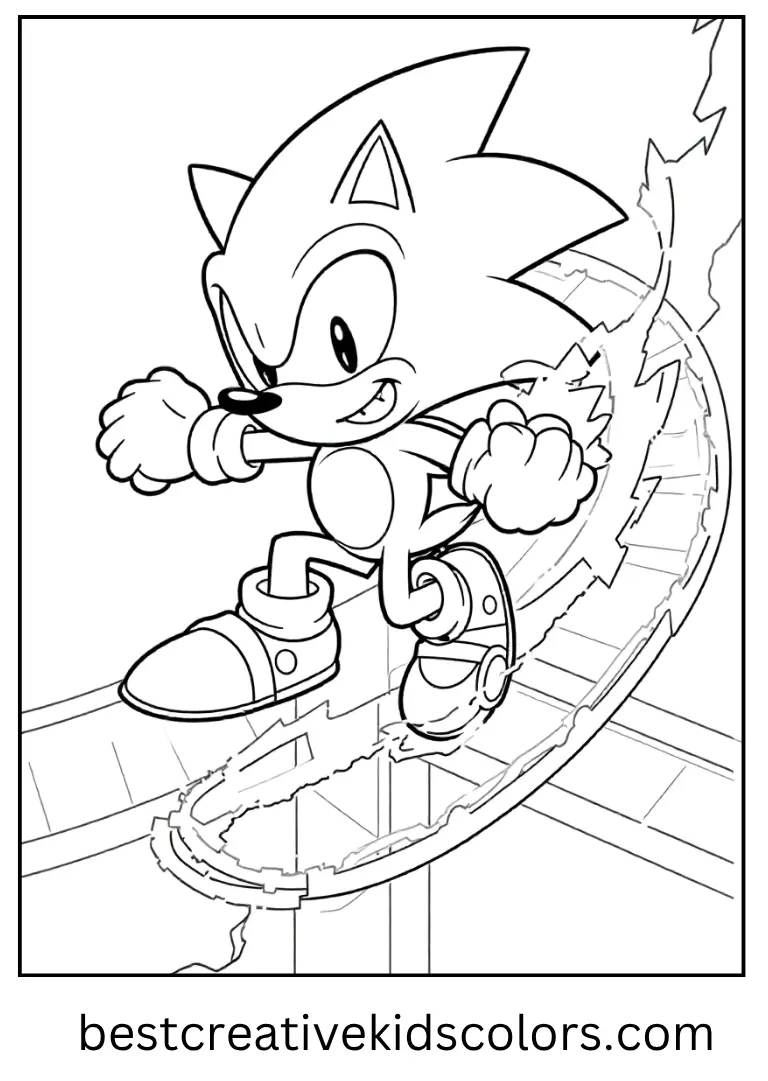Super Sonic dashes along a lightning-lit rollercoaster track, sparks flying from his shoes with every jump.