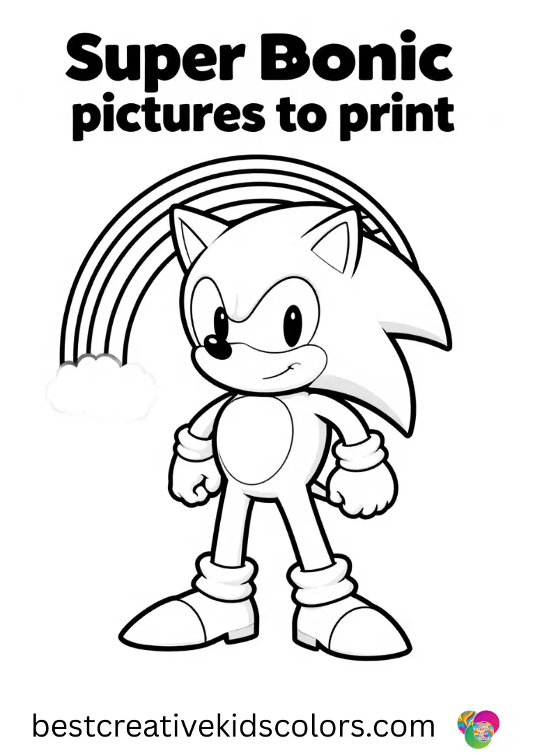 Super Sonic pictures to print shows Super Sonic painting rainbow patterns in the sky with a brush.