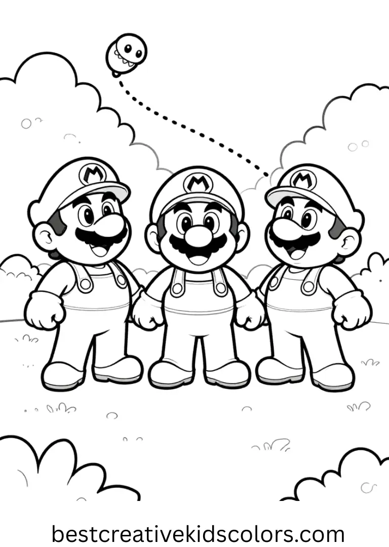 Super mario characters coloring page shows friends guiding a glowing firefly trail across a calm garden path