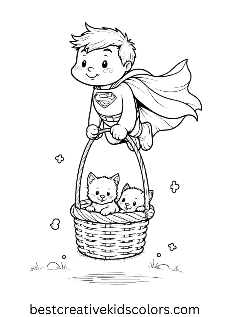 Superman Coloring pages show him gently lowering rescued kittens into a woven basket.