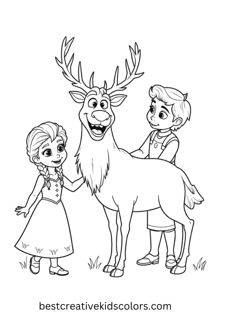 Sven wags his tail excitedly while Elsa and Kristoff enjoy the moment.