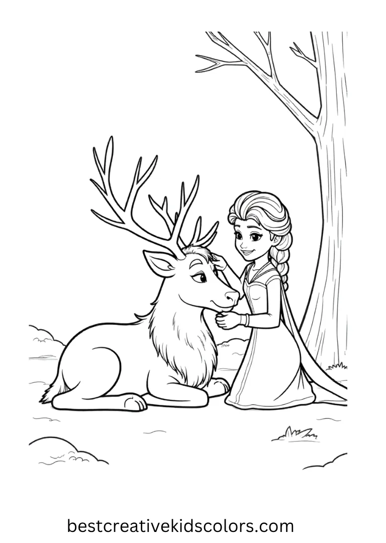 Elsa gently pets Sven’s antlers in a calm winter scene.