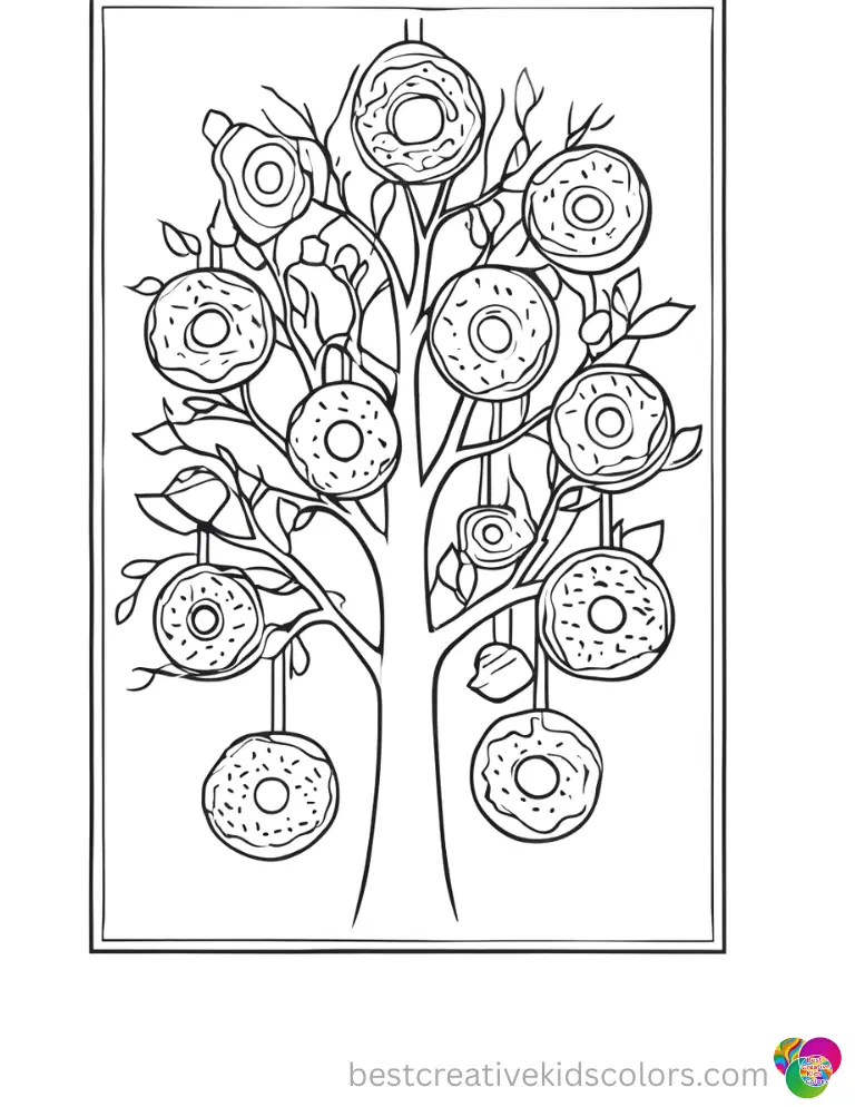 Find Sweet Donuts Coloring Sheets (Color Online) with pastries hanging from tree limbs.