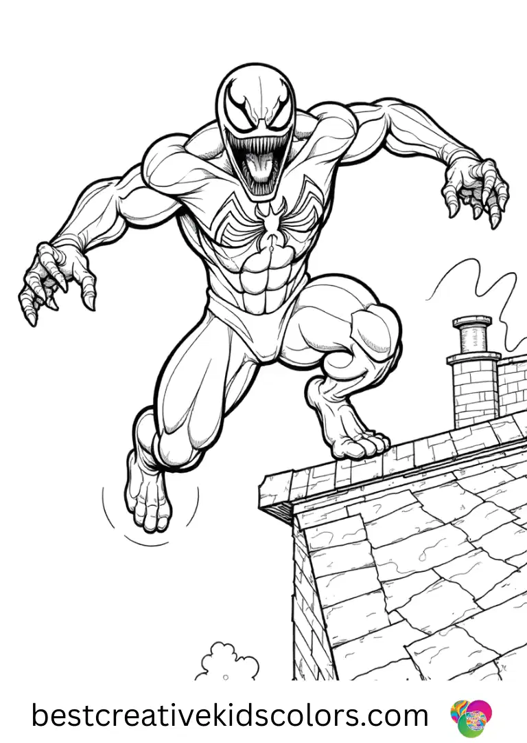 Symbiote Venom swings from a rooftop, claws extended, with wide blank space surrounding him.