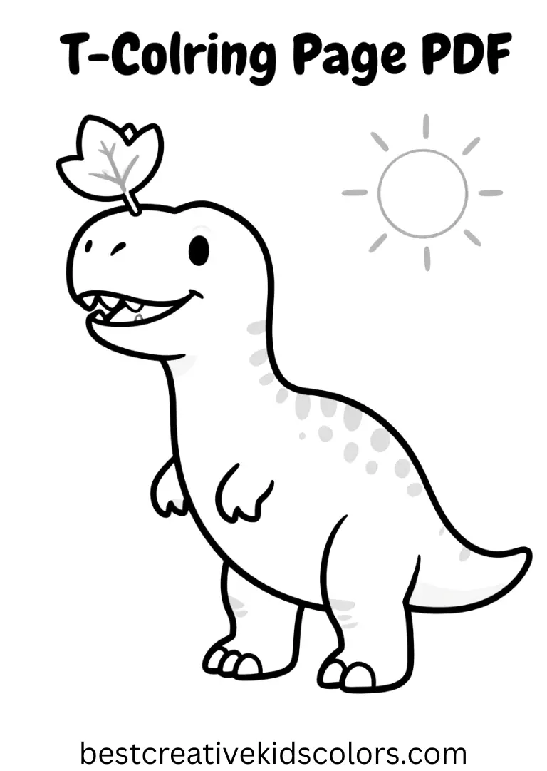 T-Rex Coloring Page PDF features a happy T-Rex balancing a leaf on its snout in soft sunlight.