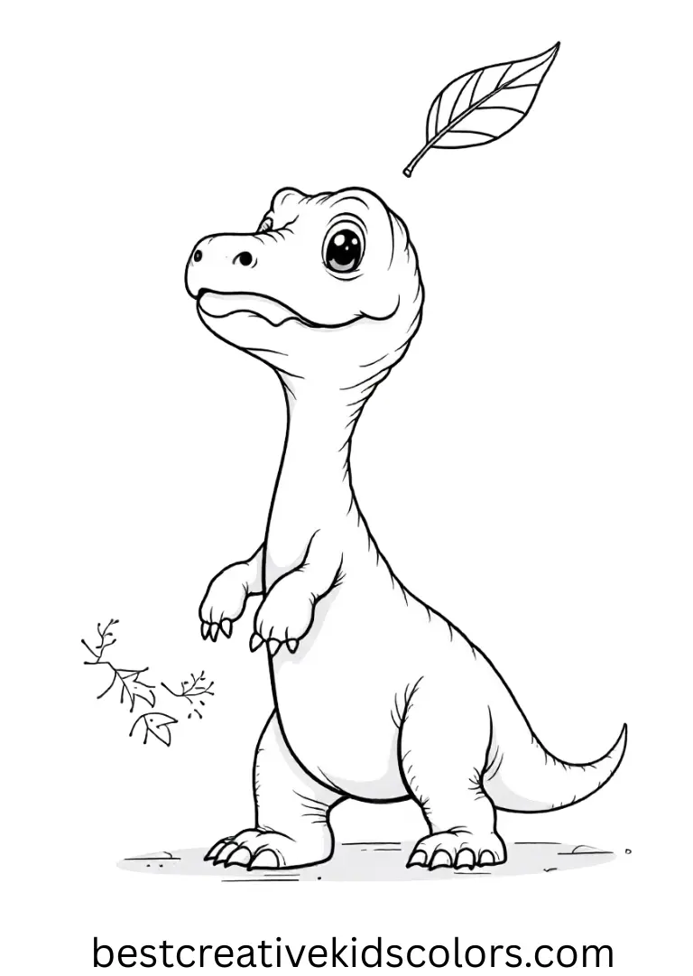 A T-Rex tilts its head to watch a drifting leaf in T rex dinosaur coloring page easy.