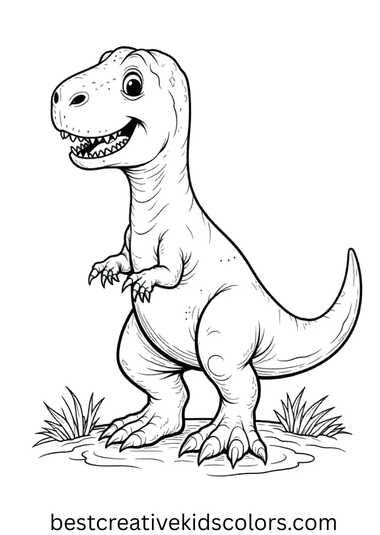 T rex dinosaur coloring page for adults features a T-Rex drawing simple lines in the dirt with its tail.