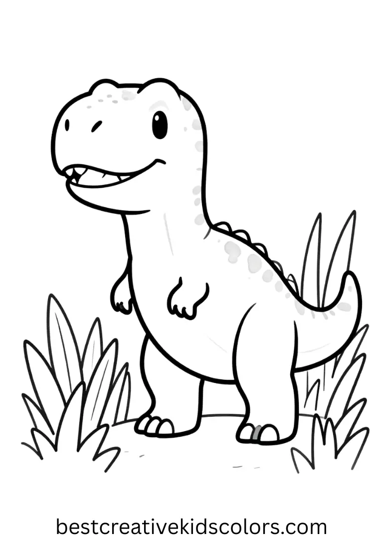 A tiny dino peeks through tall grass as T rex dinosaur coloring page free captures the playful moment.
