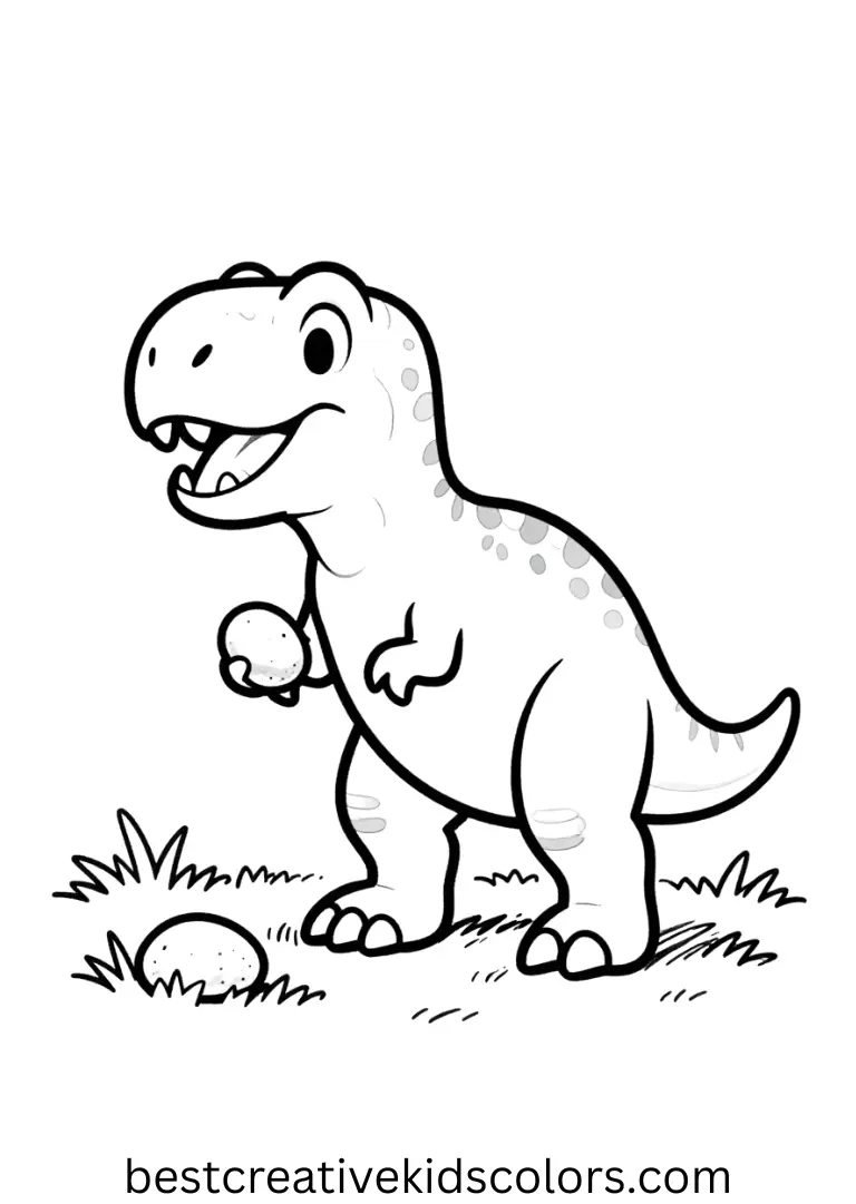 T rex dinosaur coloring page pdf shows a T-Rex curiously nudging a rolling pebble in a sunny field.