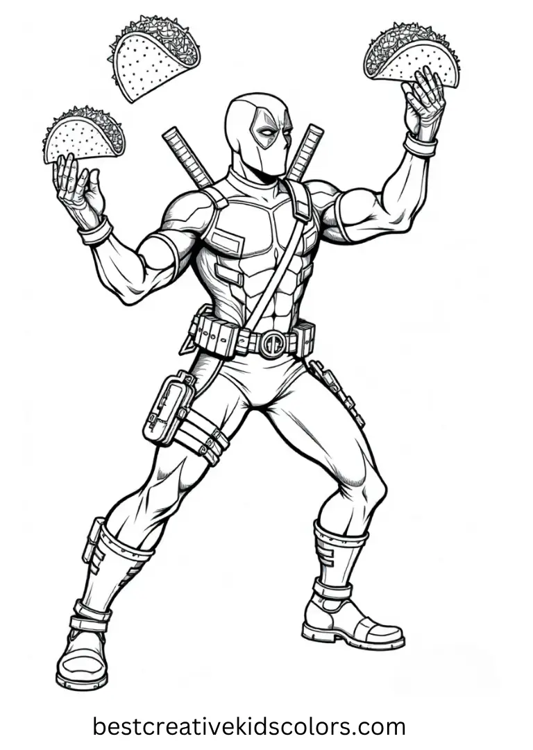 Color Deadpool juggling tacos while striking a pose that’s both heroic and hilarious.