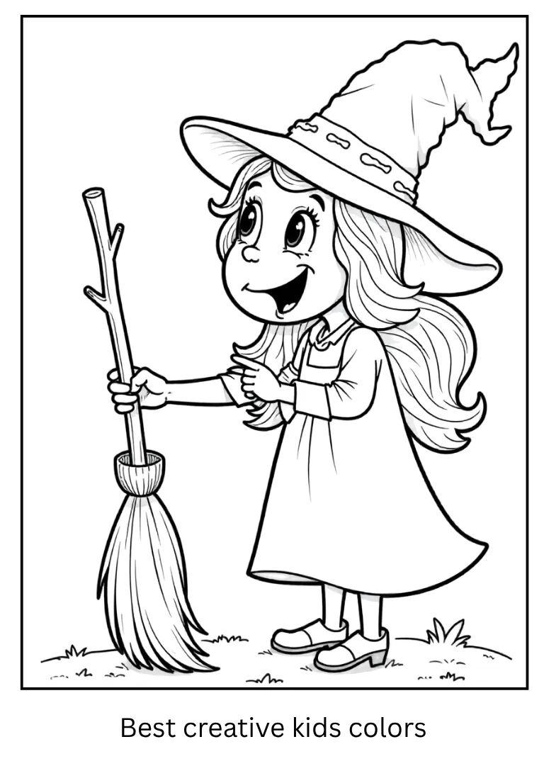 Talking Broom Halloween Witch Coloring Page
