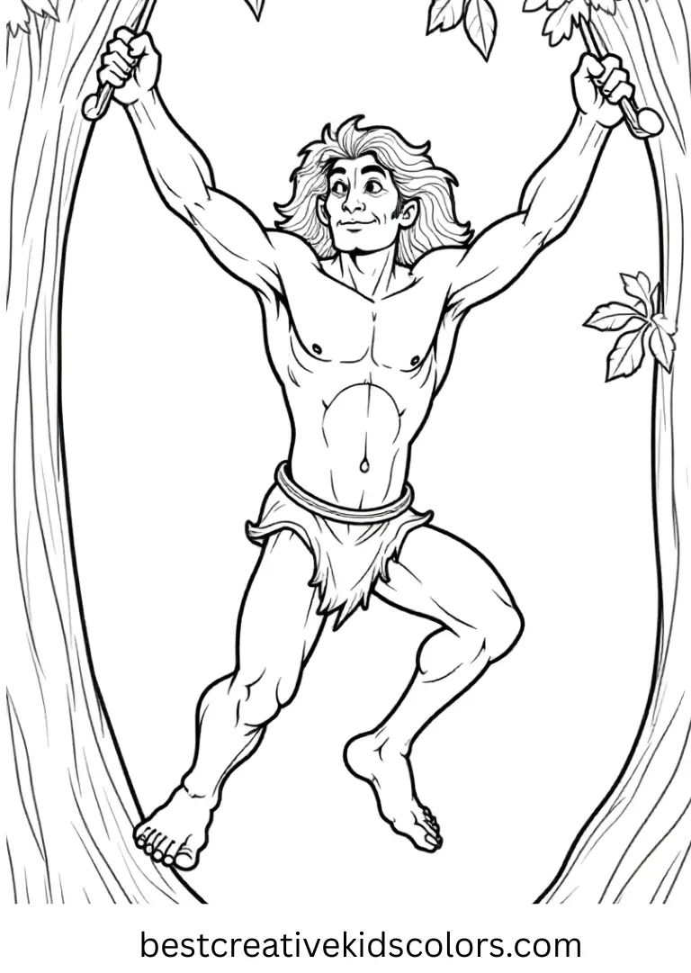 Tarzan Swinging Through Jungle Disney Coloring Page Join Tarzan on jungle swings with fun Disney Coloring Pages for kids.
