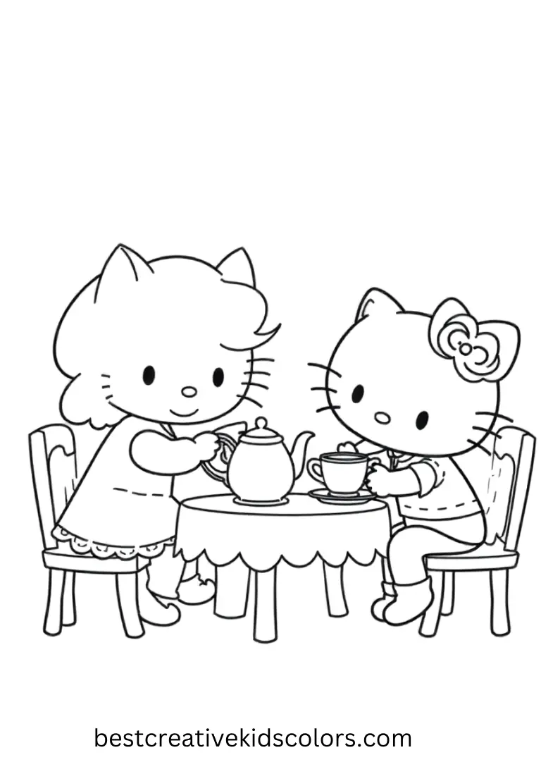 Tea Party with Friends Hello Kitty Coloring Page