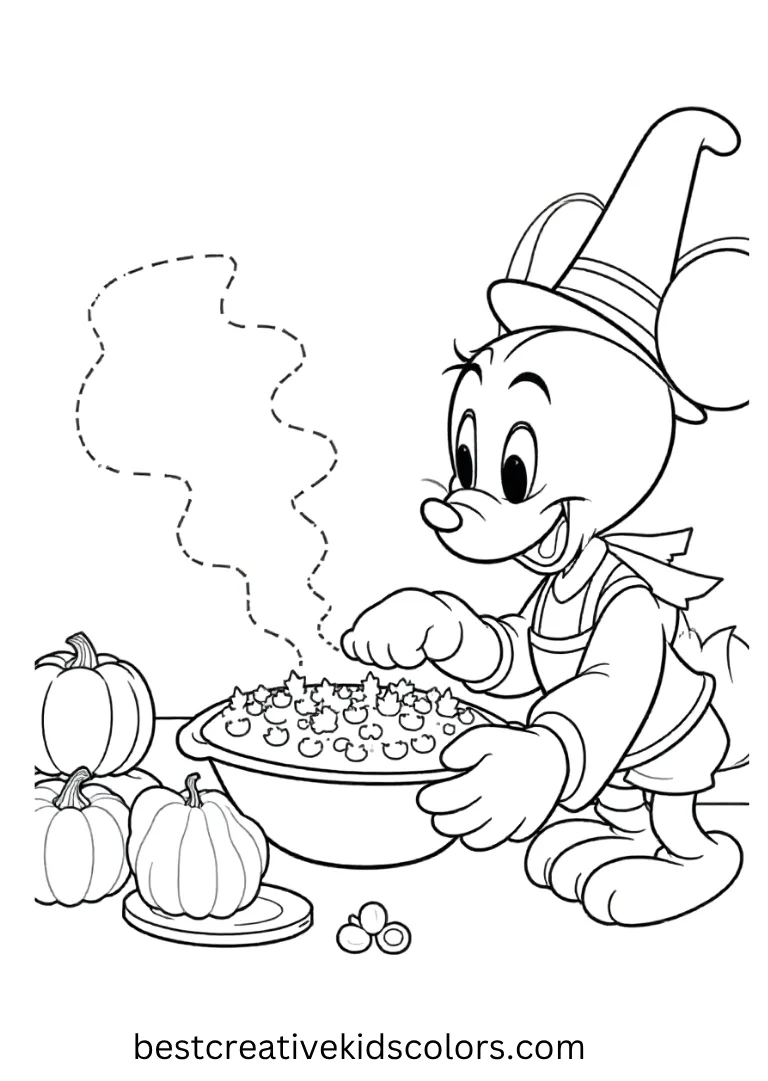Thanksgiving Pumpkin Pie Party Disney Coloring Page Celebrate with Disney friends baking pumpkin pies using simple Coloring Pages for kids.