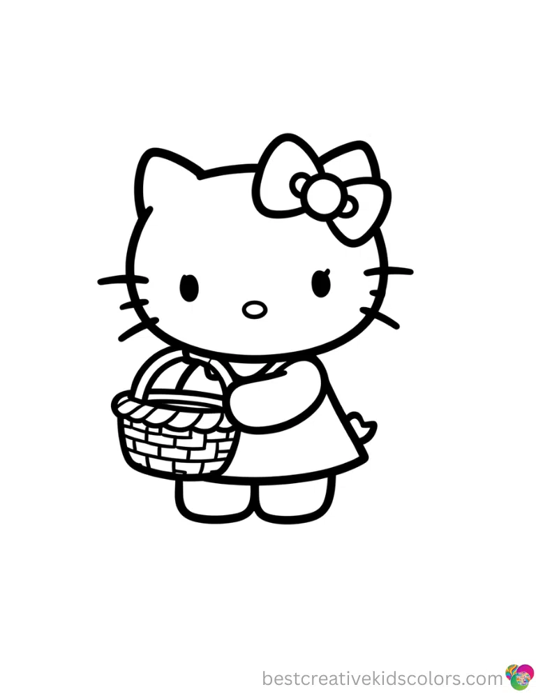 Thanksgiving hello kitty coloring pages elegantly displays Hello Kitty lifting a basket.