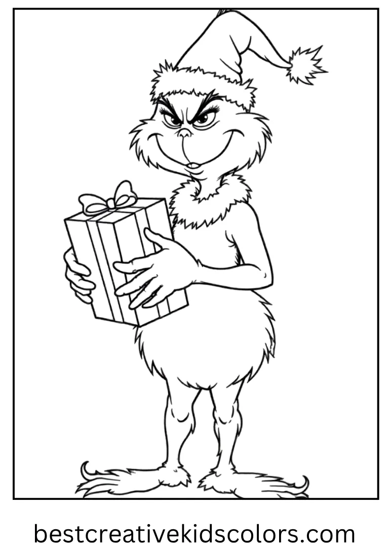 The Grinch Coloring Page The Grinch holding holiday gifts with a cheeky smile.
