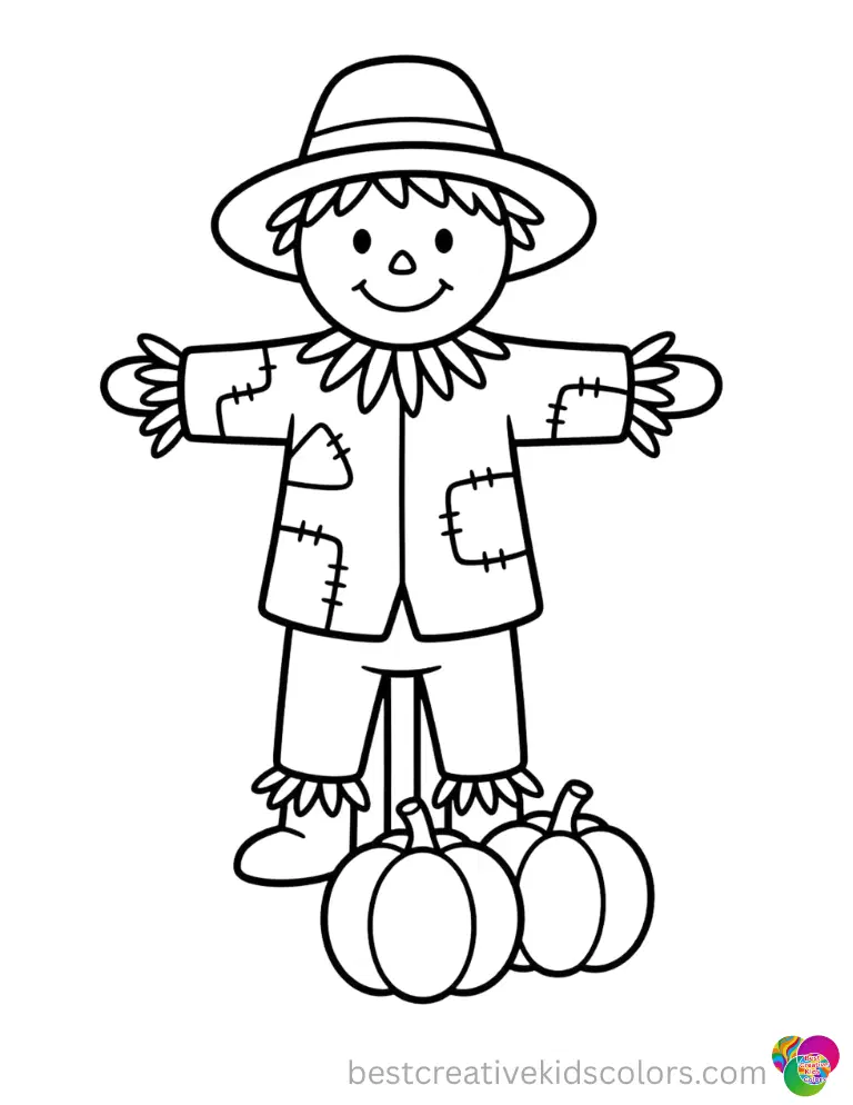 The Ultimate Cute Fall Coloring Printouts for Toddlers A friendly scarecrow stands tall in a clear, empty pumpkin patch.