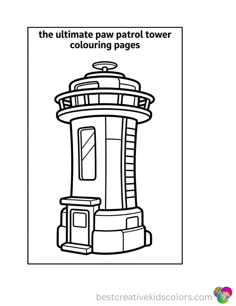 A neatly outlined Paw Patrol tower standing tall in the center of a blank page.
