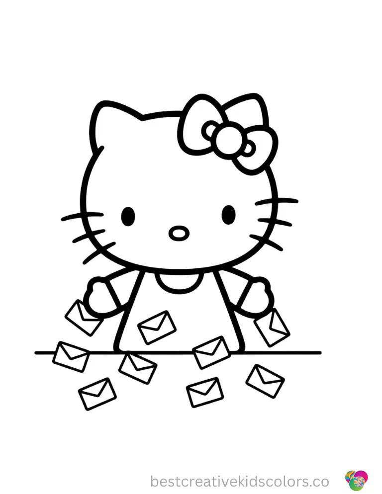 Hello Kitty drops tiny uncolored envelope letters onto a smooth flat table.
