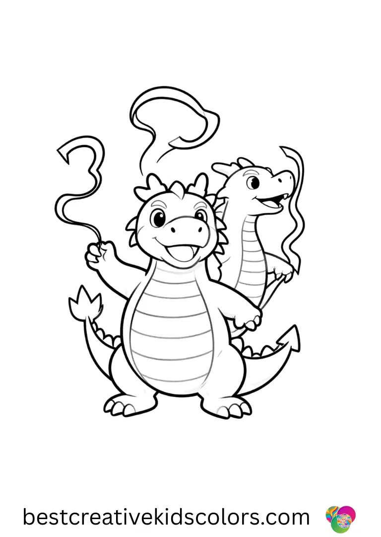 Three headed dragon coloring sheet depicts each head juggling colorful ribbons playfully.