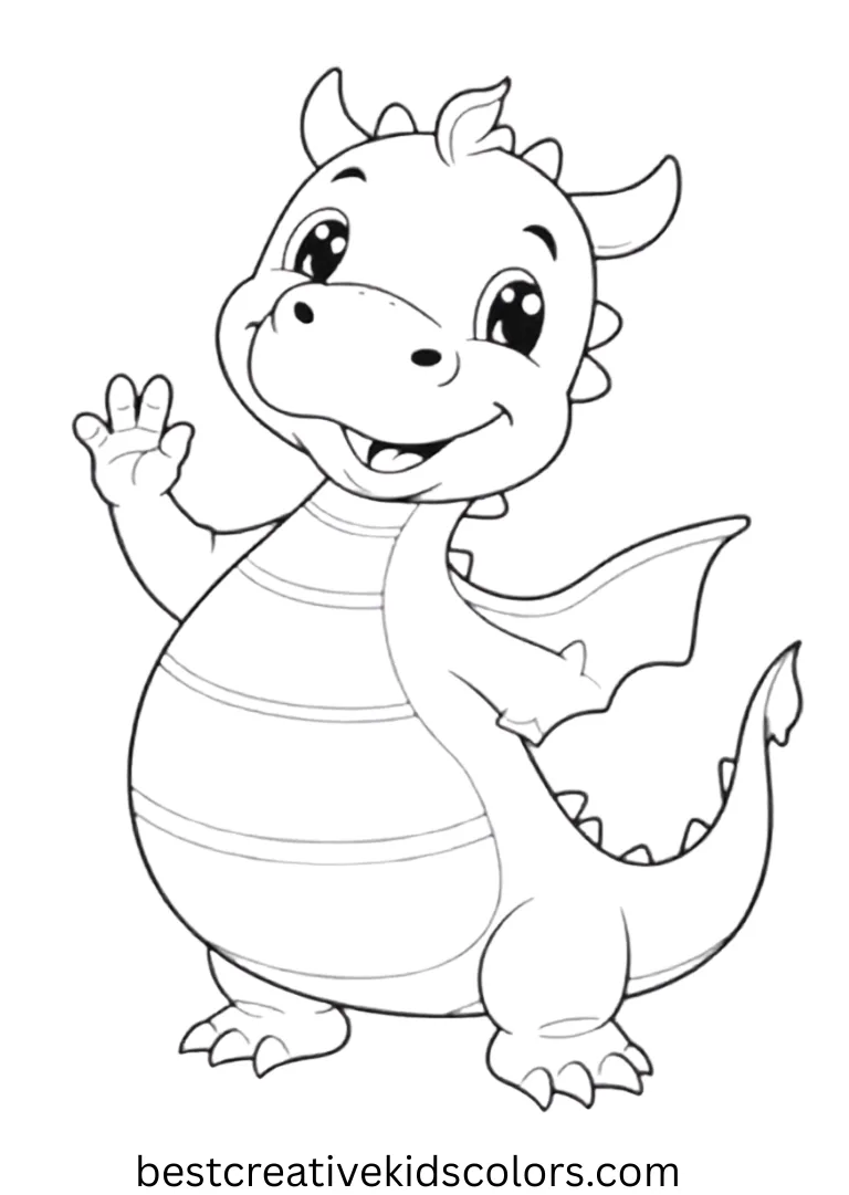 A cheerful dragon raises a claw, greeting warmly with a big smile.