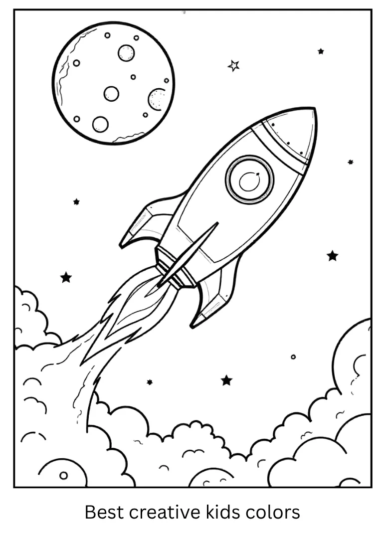 Space Scene Coloring Page with Rocket and Moon