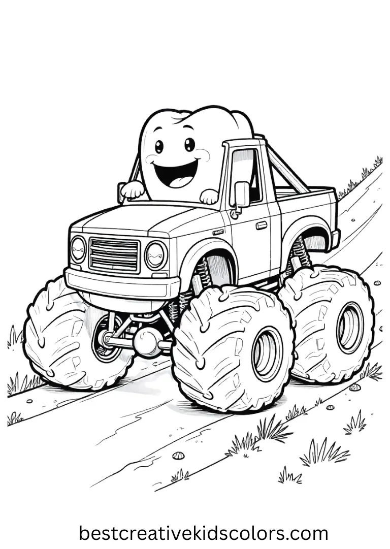 A smiling tooth rides a monster truck along candy paths. Bold outlines make it fun for kids.