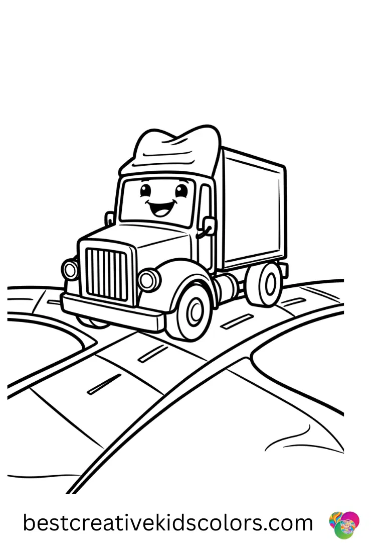 A smiling tooth drives along candy paths. Bold outlines make it enjoyable for kids.