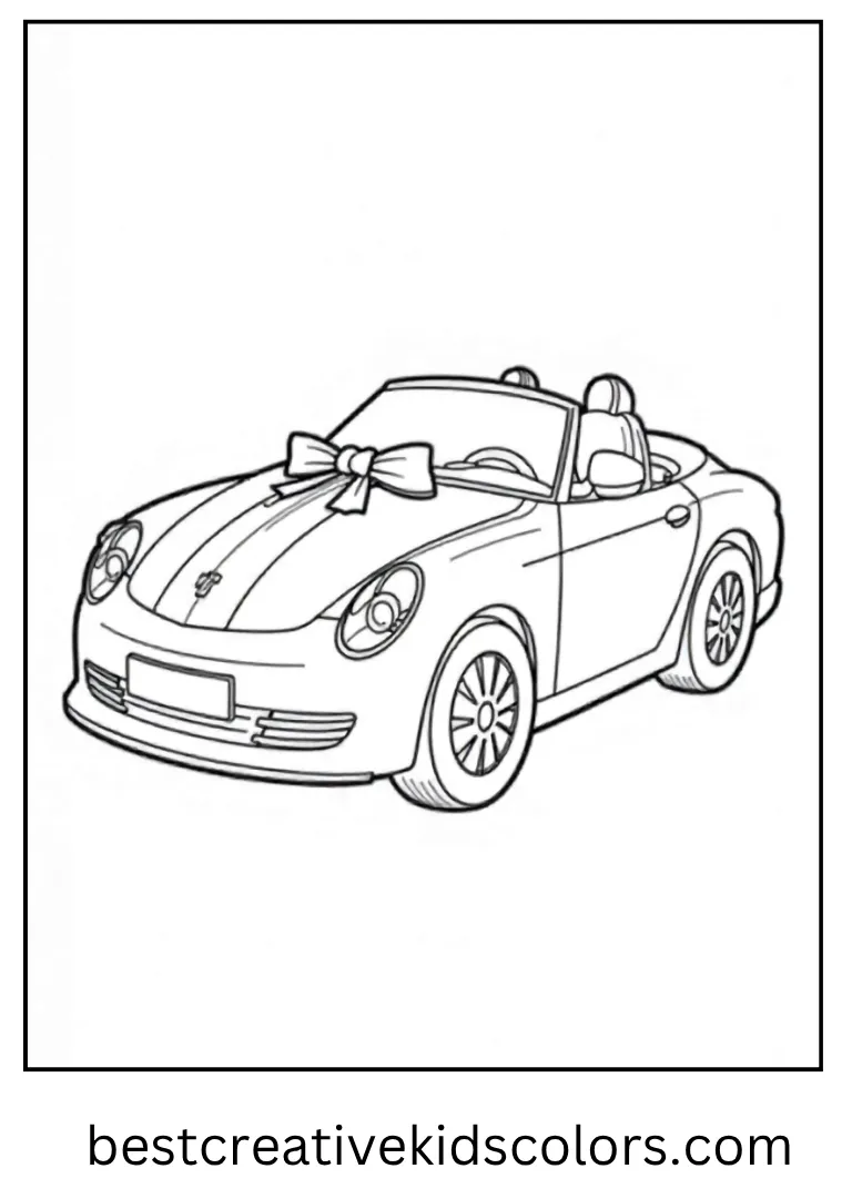 Toy Car Gift Coloring Page A shiny toy car with a ribbon bow on the hood.