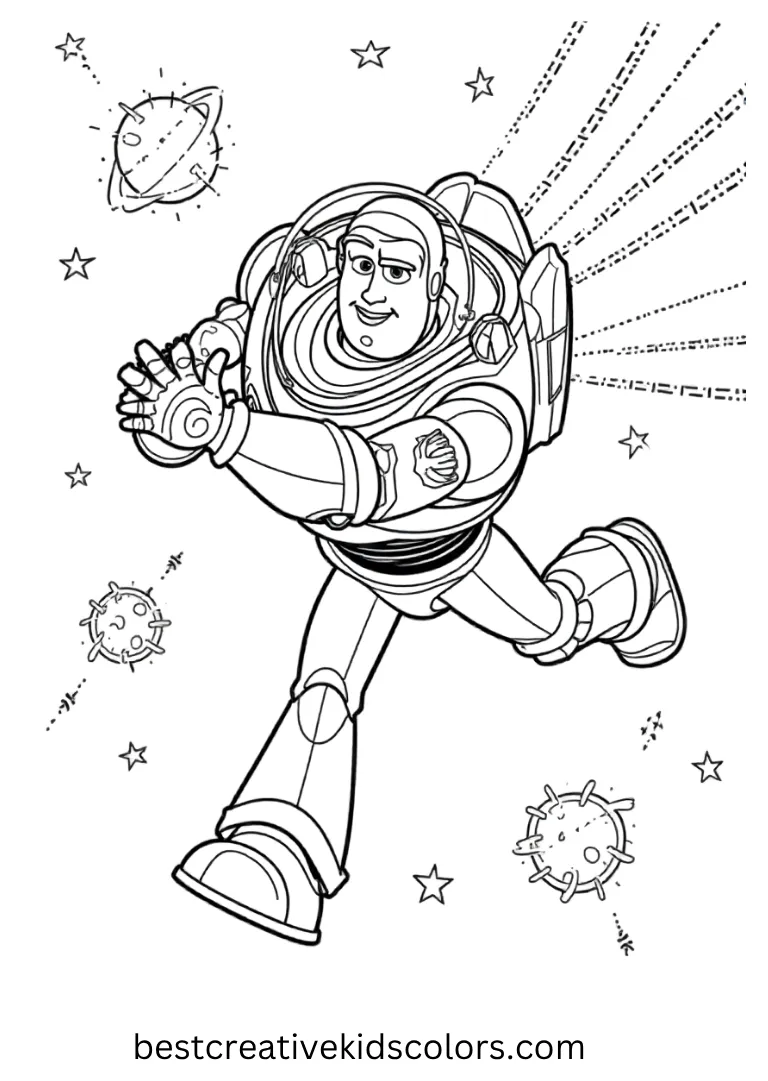 Guide Buzz through asteroid fields in simple kid-friendly outlines.