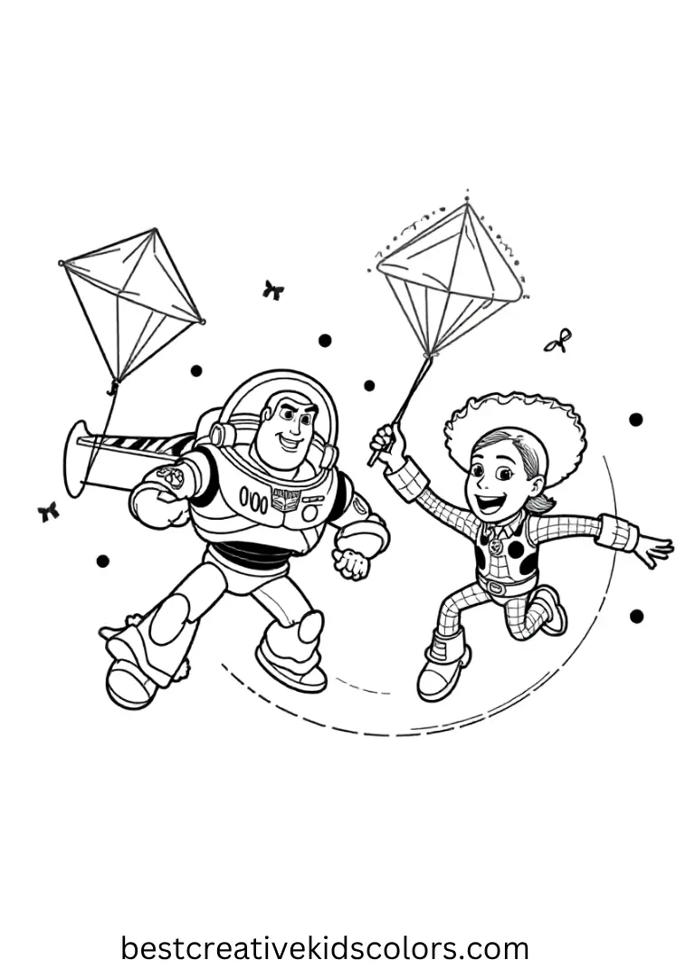 Help the duo race kites and clouds in simple outlines for kids.