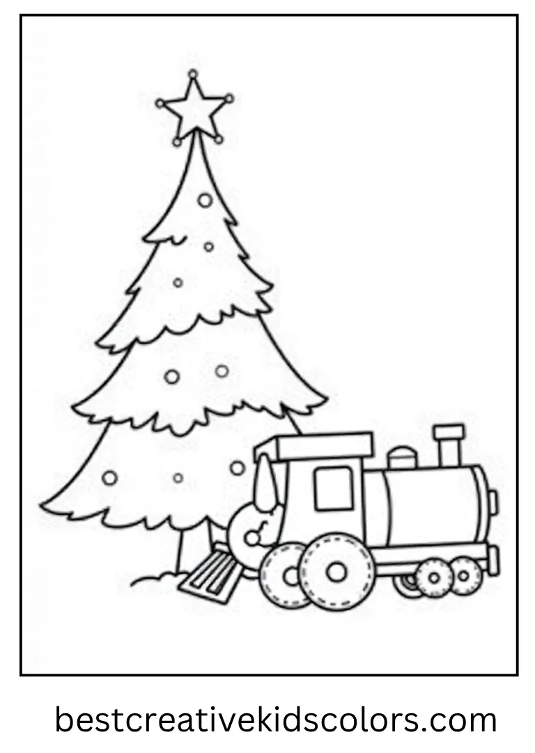 Toy Train Under the Tree Coloring Page