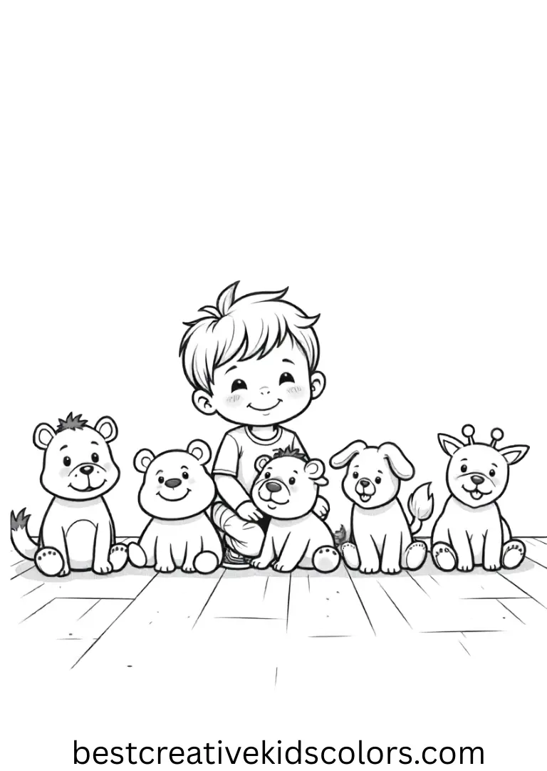 Toys for 6 year old girls shows a child arranging toy animals in a line on a smooth floor