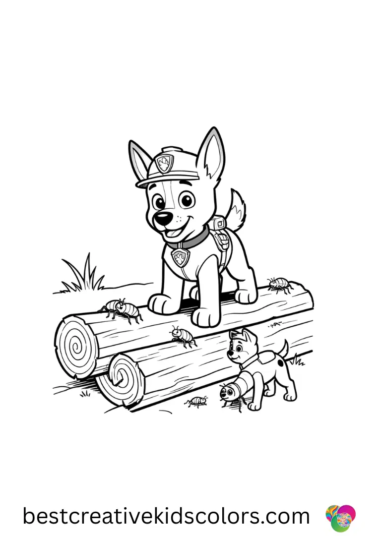 Tracker Paw Patrol Coloring page shows him discovering tiny hidden bugs crawling on logs.