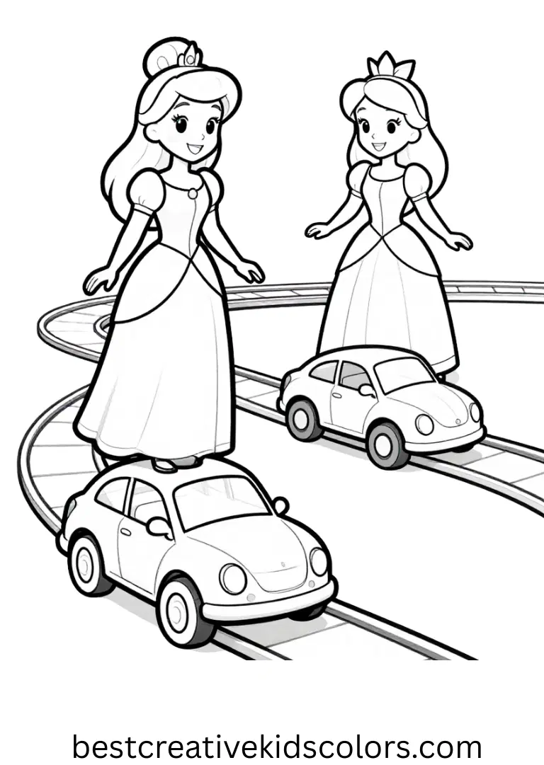 Transport coloring pages features princesses moving toy cars along tracks with ramps.