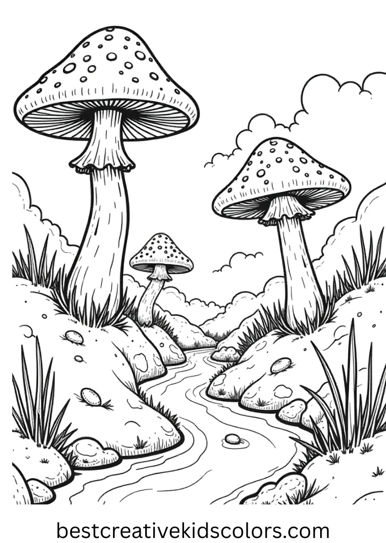 Trippy mushroom coloring page free shows mushrooms floating on a swirling magical river.