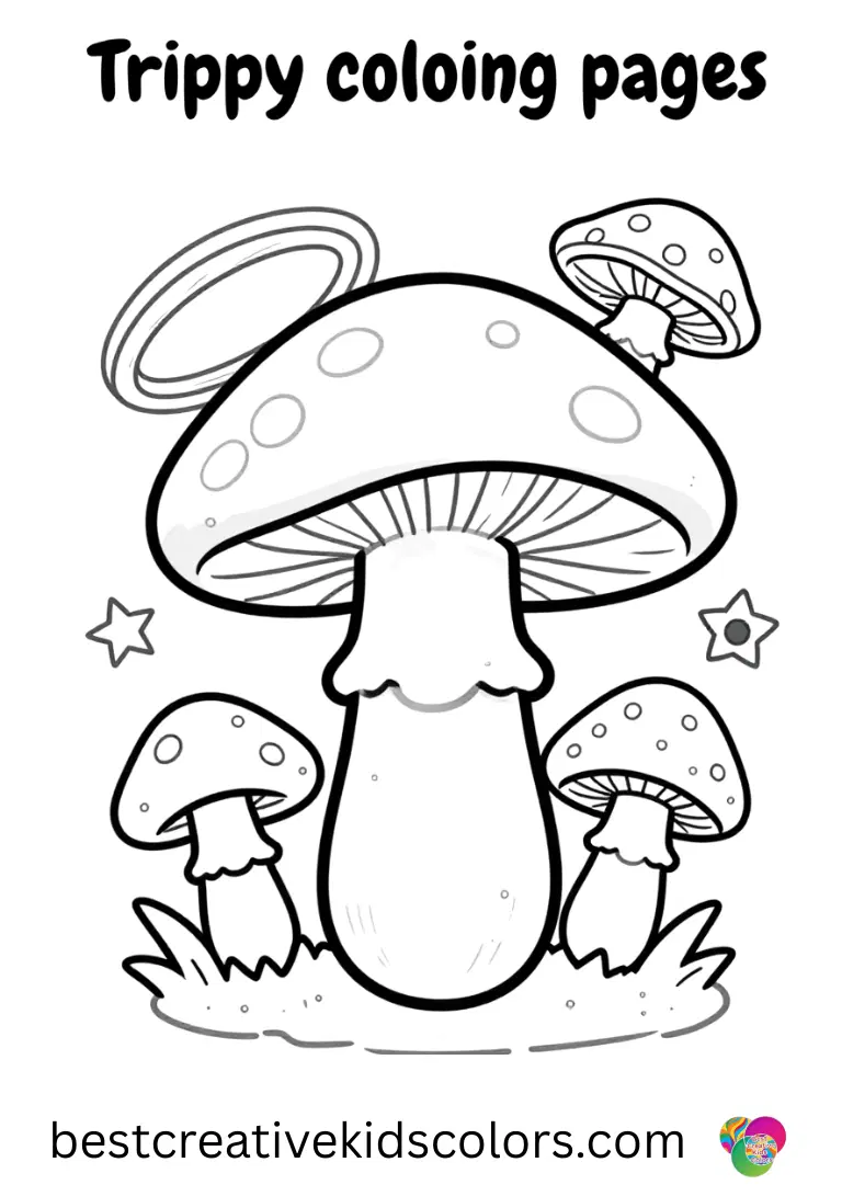 Trippy mushroom coloring pages depict mushrooms surrounded by swirling magical rings in midair.