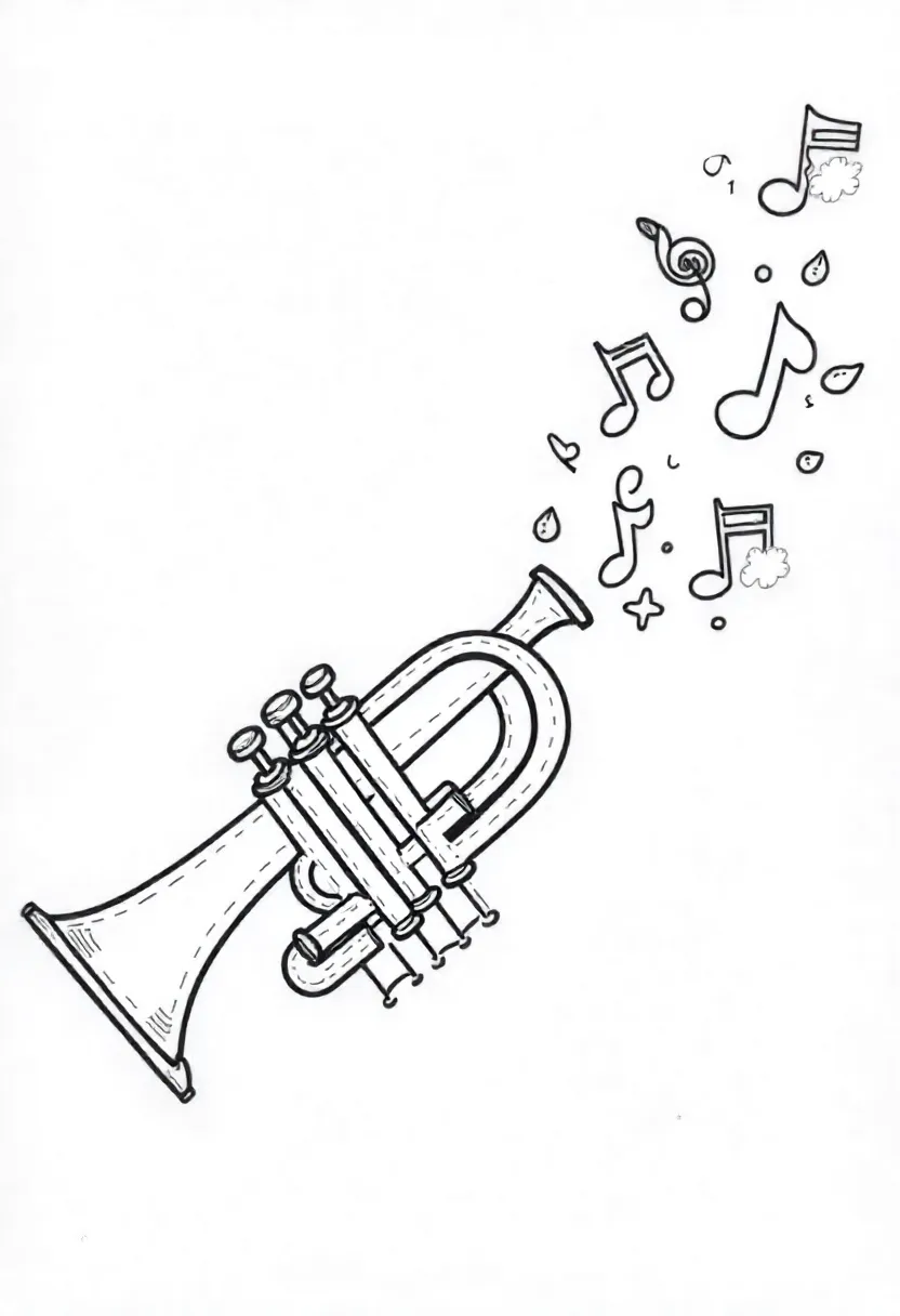 Trumpet and Notes Coloring Outline A trumpet blows tiny music notes into the air.