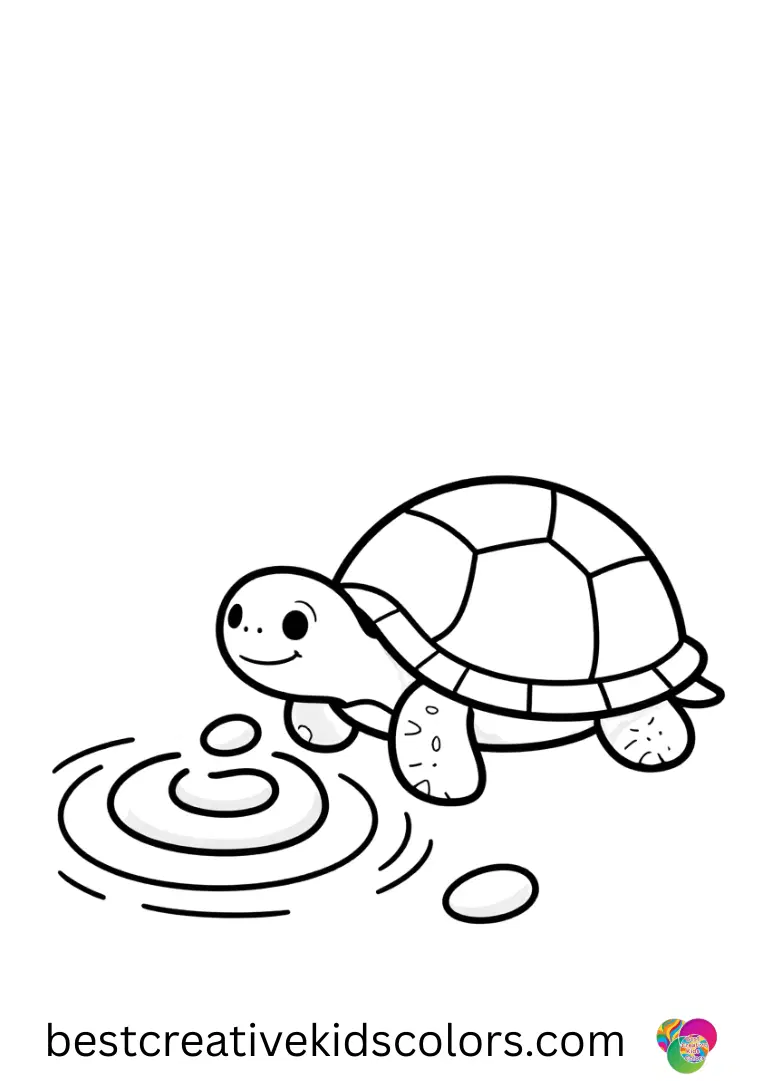 Turtle Coloring pages colored shows a turtle arranging colorful pebbles into a spiral pattern by a pond.