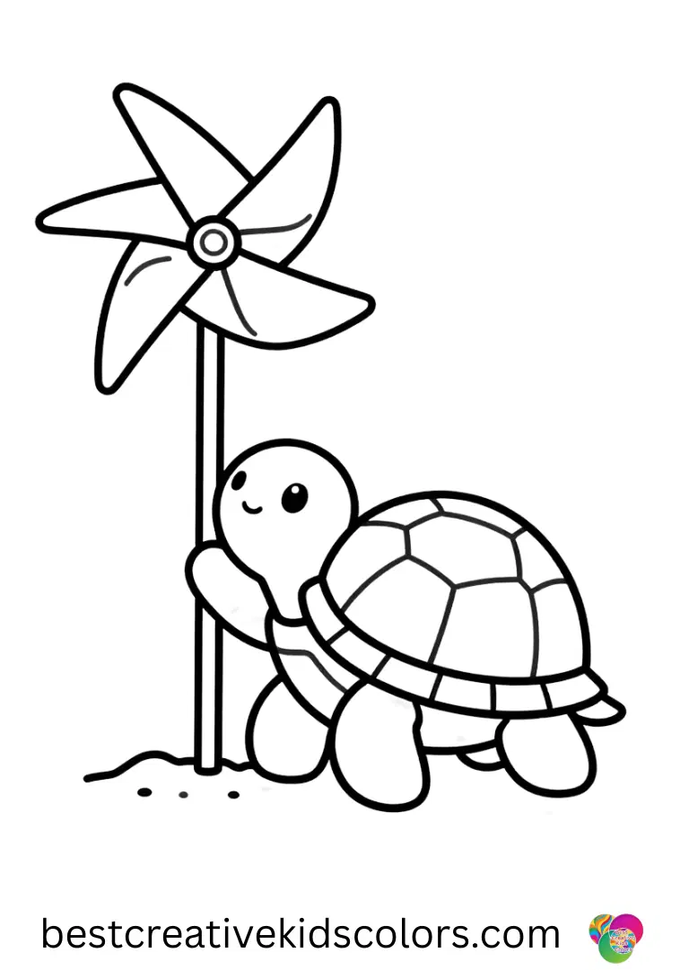 Turtle coloring pages PDF shows a turtle spinning a tiny windmill in the sand using its flippers.