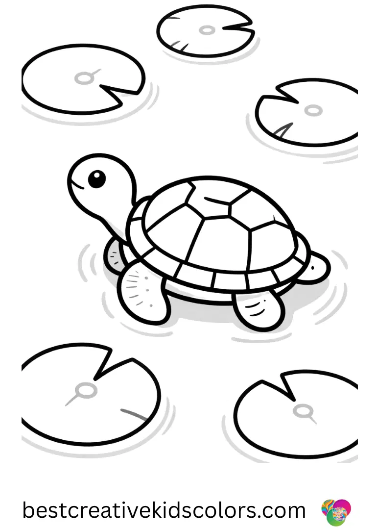 Turtle coloring pages for adults shows a turtle weaving slowly through floating lily pads in a calm pond.