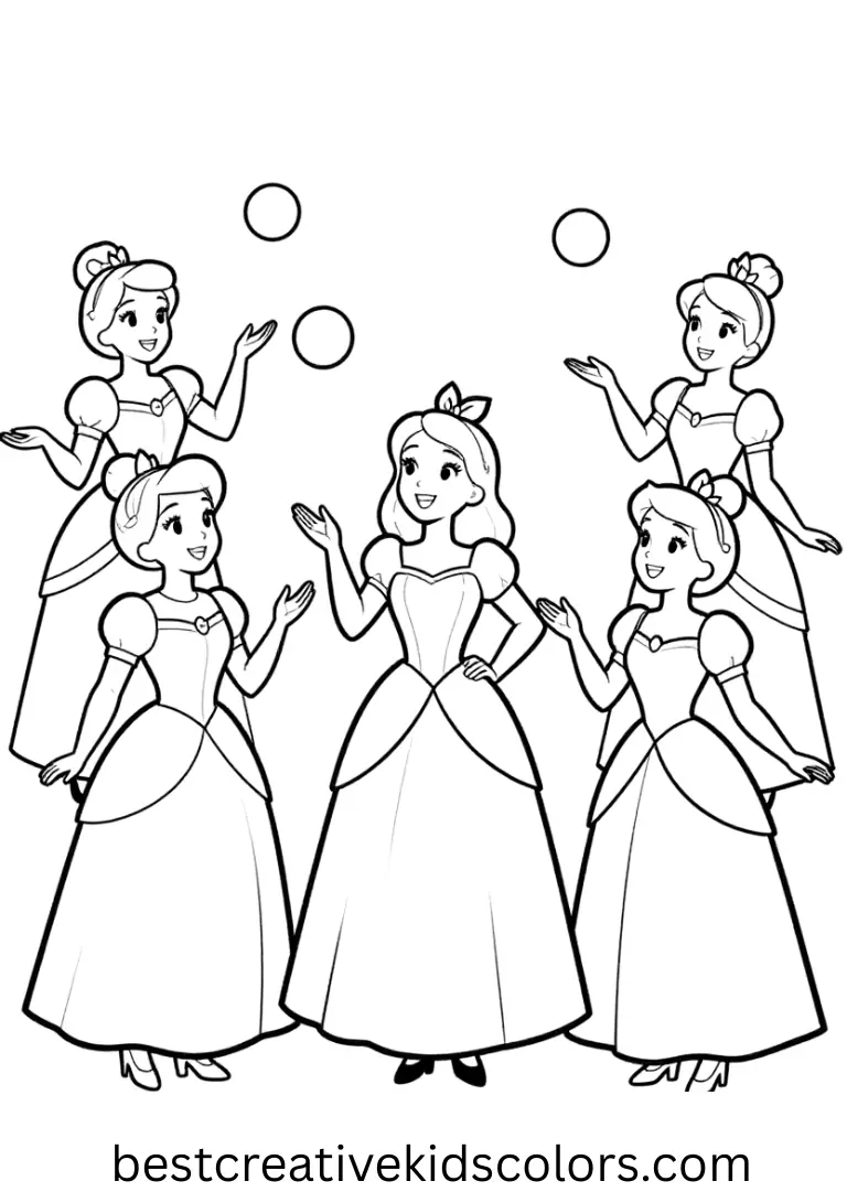 Twinkl Colouring Sheets depicts princesses playing gentle toss games with soft balls.