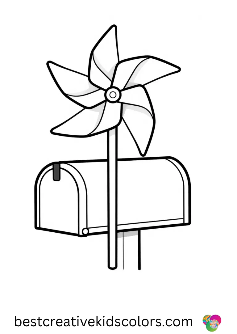Twinkl summer colouring features a paper pinwheel spinning while tied to a low mailbox post.